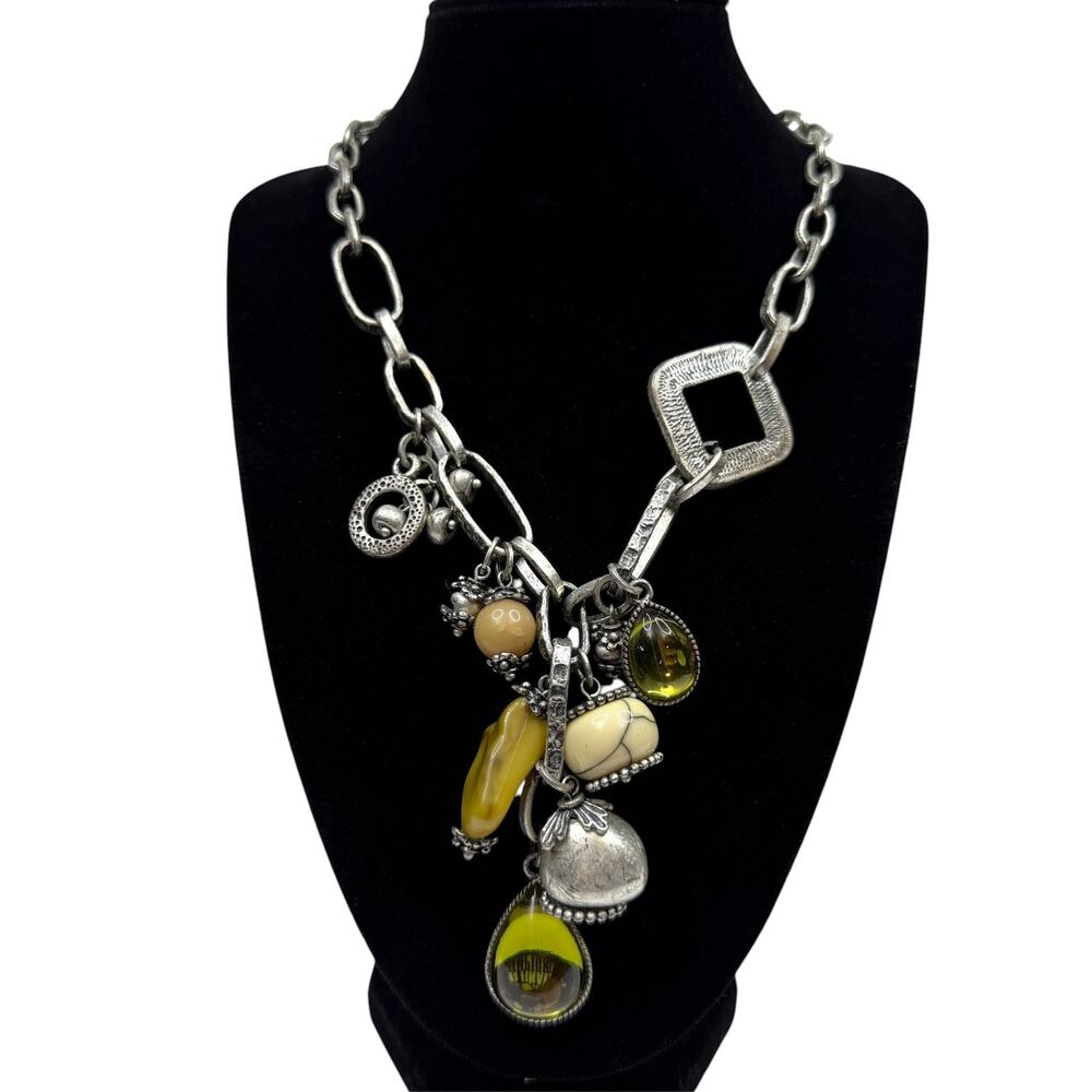 Chunky Silver Tone Statement Necklace Multi Charm Pendant Yellow Cream Green 17"